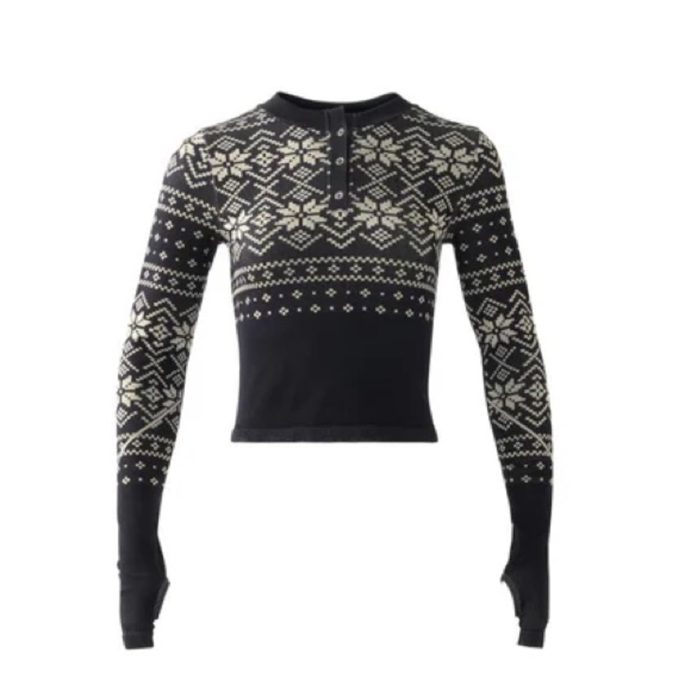 Black and Cream Nordic-Pattern Long Sleeve Women's Top